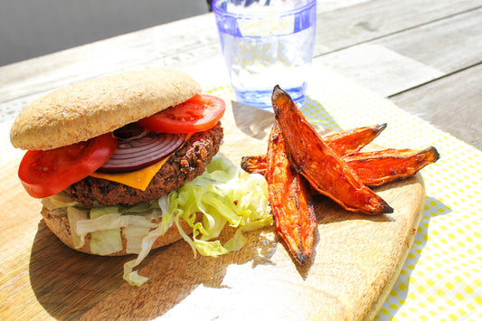 Black Bean Burger with Sweet Potato Wedges