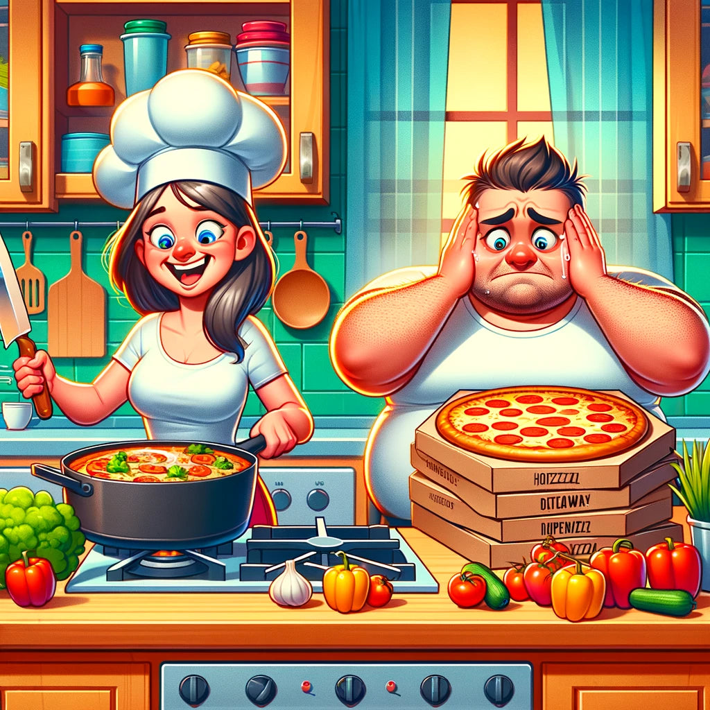 Cartoon illustration of a kitchen with two adults: one cooking joyfully and another holding pizza boxes, depicting a contrast between home cooking and fast food.