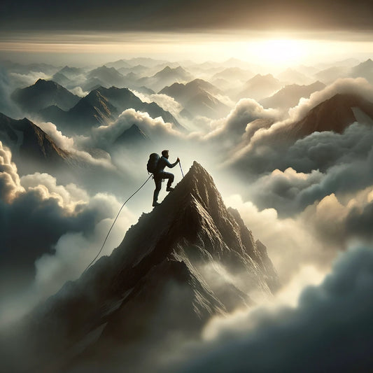 A climber is seen three-quarters of the way up a mountain, determinedly ascending despite the peak being hidden by thick clouds, symbolizing the perseverance required when the end goal isn't visible.