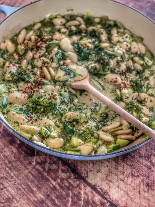 Creamy Pesto Greens and Beans
