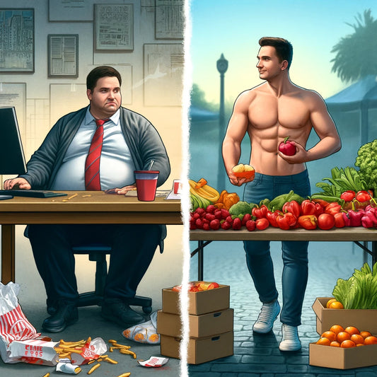 Split scene illustration showing the transformation of a man from overweight and unhappy at a desk with fast food, to fit and happy while selecting fruits and vegetables at an outdoor market, symbolising a shift from unhealthy to healthy living.