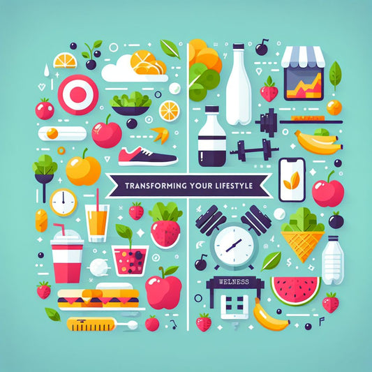 Illustration with the phrase 'Transforming Your Lifestyle', featuring icons for healthy eating, exercise, and wellness on a teal background, including fruits, vegetables, sneakers, weights, and a clock.