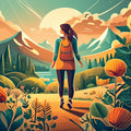 An illustration of a woman with a backpack walking through a vibrant, stylized landscape with mountains, trees, and a sunset in the background.