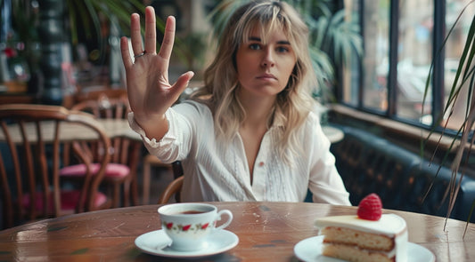 a woman saying no to extra cake