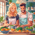 An illustration of a happy couple cooking together in a bright, plant-filled kitchen, chopping vegetables and smiling at each other.